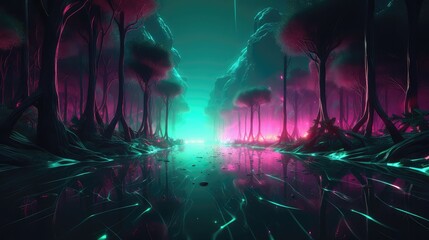 Neon Terrain Swamp Landscape inside Metavarse Virtual World with trees water magical environment with a heavy aqua, yellow, and orange neon glow, 