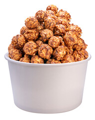 Chocolate Popcorn in white paper cardboard bucket on white background, Chocolate Mushroom Popcorn on white PNG File.