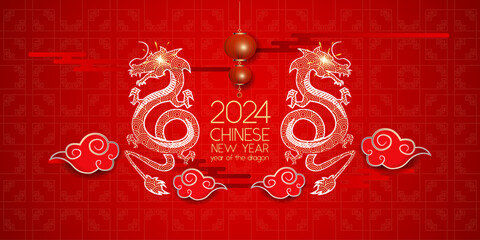 	
2024 Happy Chinese New Year. Chinese dragon gold zodiac sign on red background, new year celebration concept for greeting card, banner and template.