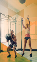 Fitness people, jump and medicine ball at gym for exercise, workout and training goals. Athlete man and woman team together for power challenge, energy or strong muscle at wellness club with overlay