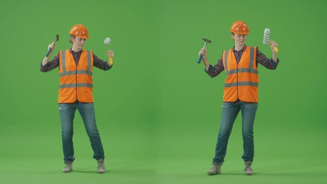 2-in-1 Split Green Screen Collage:Young Female Industrial Specialist in Checkered Shirt,Safety Helmet and Jacket Having Fun Dancing with Tools - Hammer and Paint Roller.Multiple Angle Best Value Pack
