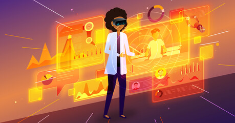 Ilustración de una doctora usando realidad virtual para asistir pacientes distancia, usando el metaverso y tecnología de salud de alta gama - obrazy, fototapety, plakaty