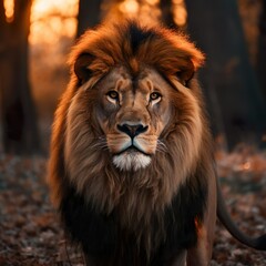 Powerful lion sitting in the woods