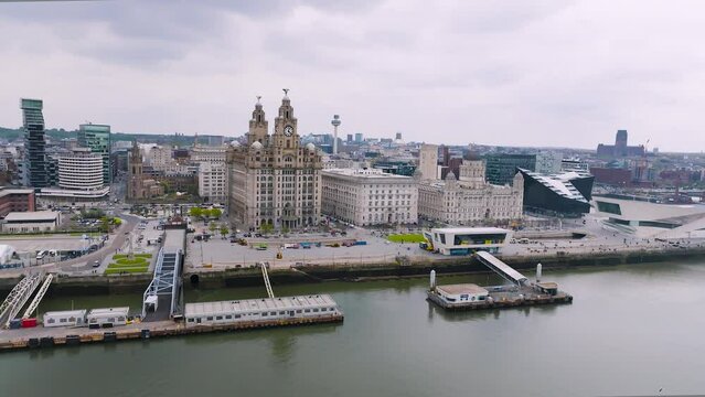 Aerial view of the Royal Liver building, a Grade I listed building in Liverpool, England, UK