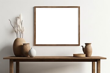 Modern Wooden Table with Empty White Picture Frames. Blank Mockup for Home Decor. Interior Design Background with Copy Space. Generative AI illustrations.