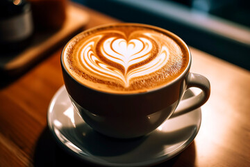 Crafted heart - shaped latte art pattern on a frothy cappuccino in a ceramic cup.