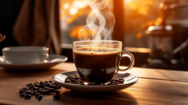 Steaming cup of black coffee, placed on a rustic wooden table with a few coffee beans scattered around the table. - Powered by Adobe