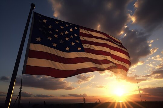 american flag with sunset from generative ai