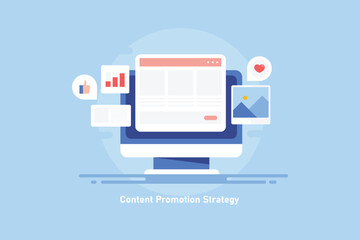 Sharing blog and website content on social media platform, driving internet visitors to web page, digital marketing and advertising strategy. computer technology, vector illustration banner. - obrazy, fototapety, plakaty