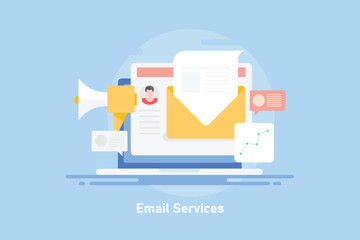 Open newsletter and email interface dashboard on laptop screen with megaphone indicating email marketing strategy for customer out reach, vector illustration.