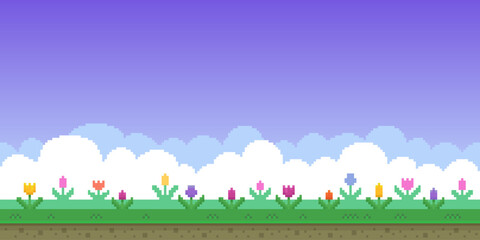 Colorful simple vector pixel art horizontal illustration of field of tulips in retro platformer style