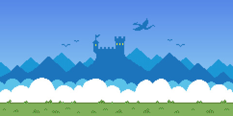 Colorful simple vector pixel art horizontal illustration of fantasy fortress and dragon in the sky in retro platformer style - obrazy, fototapety, plakaty