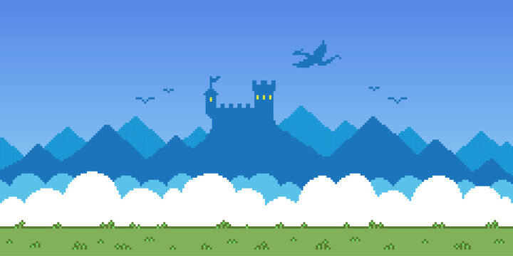 Colorful simple vector pixel art horizontal illustration of fantasy fortress and dragon in the sky in retro platformer style