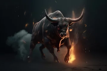 Afwasbaar fotobehang Image of an angry bull with flames. Wild animal. illustration, generative AI. © yod67