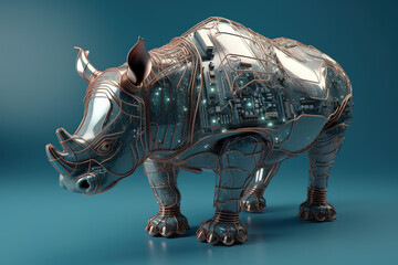 Image of a rhinoceros with technology concept. Wild Animals. Illustration, generative AI.