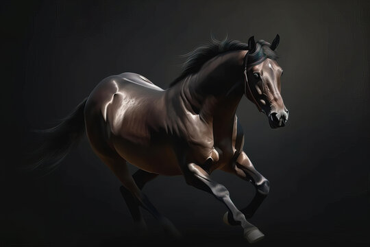 Image of a beautiful brown horse is running. Wild Animals. illustration. Generative AI.