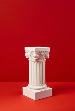 decorative white column plinth with space for item isolated on red studio background made with generative ai