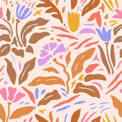 Hand-drawn abstract floral seamless pattern. A collection with colorful tropical leaves on a pink background. Includes elements of doodles.