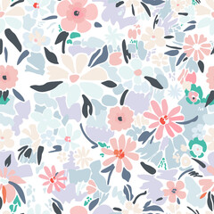 Abstract vector seamless pattern. Not bright flowers on a white background. In pastel colors.
