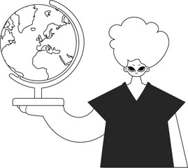 The individual with the globe. Learning subject. Dim and white line craftsmanship. Trendy style, Vector Illustration