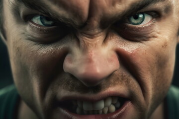 close up of aggressive male face ready to fight with clenched teeth and scrunched up snarl, made with generative ai