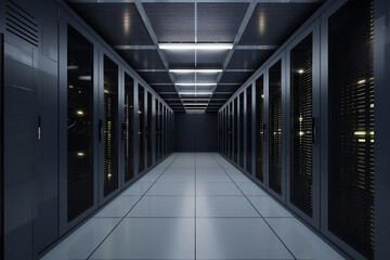 Corridor in server room of cybernetic data center generative ai