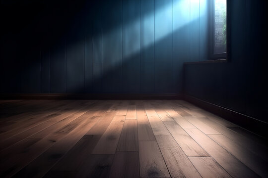 Creative interior concept. Abstract Dark blue room and oak wooden flooring with interesting light shadow from window. Template for product presentation. Mock up 