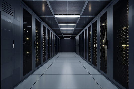 Corridor in server room of cybernetic data center generative ai