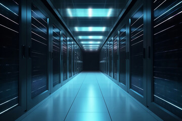Fototapeta premium Corridor in server room of cybernetic data center generative ai