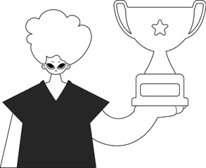 The person holds the holder of the victor in his hands. Gloomy and white line craftsmanship. Trendy style, Vector Illustration