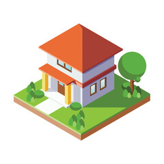 A house with a red roof and a tree in the front yard, building vector illustration flat design, isometric view.
