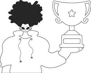 The individual holds the holder of the victor in his hands. Obliterating and white line craftsmanship. Trendy style, Vector Illustration