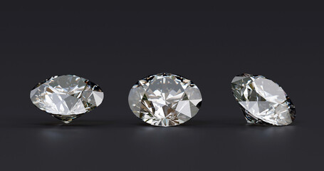 Three diamonds. Different views on black background at 3D render design.