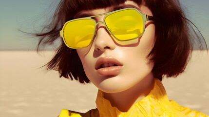 model wearing yellow sunglasses in desert with sun and wind, summer fashion editorial made with generative ai - obrazy, fototapety, plakaty