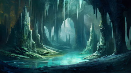 cave with stalactites, stalagmites and water in blue and green, concept art painting made with generative ai  - obrazy, fototapety, plakaty