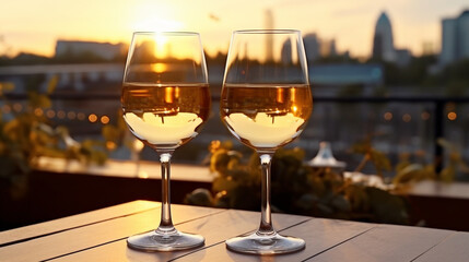 2 Glässer Weißwein früh abends bei Sonnenuntergang in der Stadt. Querformat. Generative Ai. - obrazy, fototapety, plakaty
