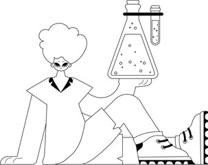 Individual with a chemical carafe. Learning point. Dim and white line craftsmanship. Trendy style, Vector Illustration