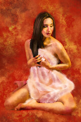 Digital painting of half-naked woman, background on fire