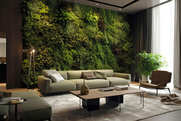 Living room with walls decorated with green plants, Generative AI