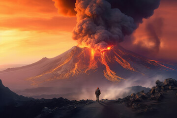 Volcano eruption researcher admiring it from the distance. Generative AI