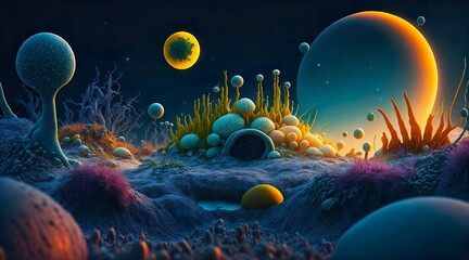 Planet of Bacteria. Surreal landscape of bacteria in macro shoot illuminated by a distant star, alien world Generative AI