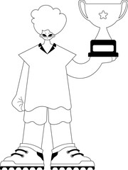 The person holds the holder of the victor in his hands. Pulverizing and white line craftsmanship. Trendy style, Vector Illustration