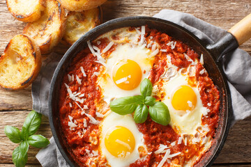 Eggs in purgatory with tomato basil garlic sauce and a sprinkling of Parmesan closeup on the...