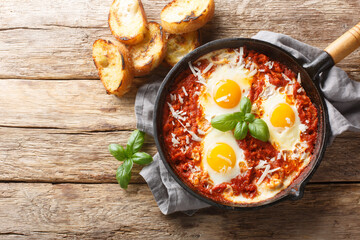 Eggs in Purgatory is a delicious Southern Italian dish consisting of fried eggs in a spicy tomato sauce with onions and garlic closeup on the skillet. Horizontal top view from above