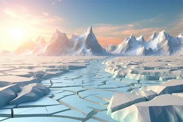 cracked ice floe pieces with big mountains behind background  global warming and environmental conditions 3D illustration render generative ai - obrazy, fototapety, plakaty