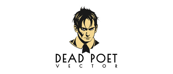 Vector portrait of disheveled, angry and sad dead poet. Logo, sticker or icon. White isolated background.