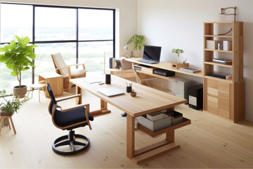 Fototapeta premium Minimalist Japanese Home Office, The space is clean and uncluttered with neutral colors and natural materials