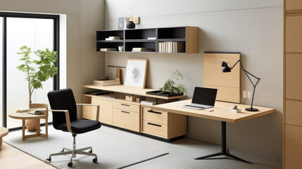 Minimalist Japanese Home Office, The space is clean and uncluttered with neutral colors and natural materials