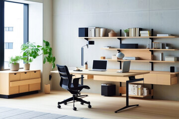 Fototapeta premium Minimalist Japanese Home Office, The space is clean and uncluttered with neutral colors and natural materials
