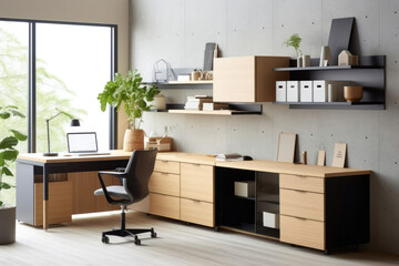 Minimalist Japanese Home Office, The space is clean and uncluttered with neutral colors and natural materials